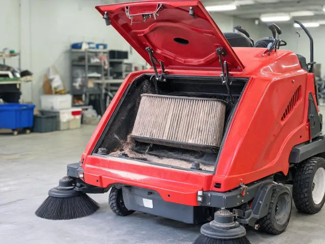 Sweeper dust control and filter test area