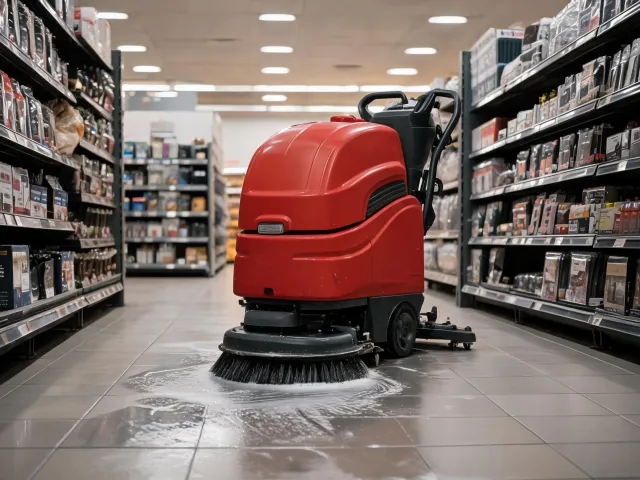 Compact walk-behind floor scrubber for retail aisles