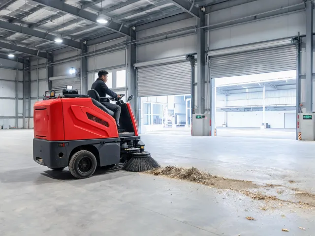 Industrial floor sweeper collecting dry debris near loading bays