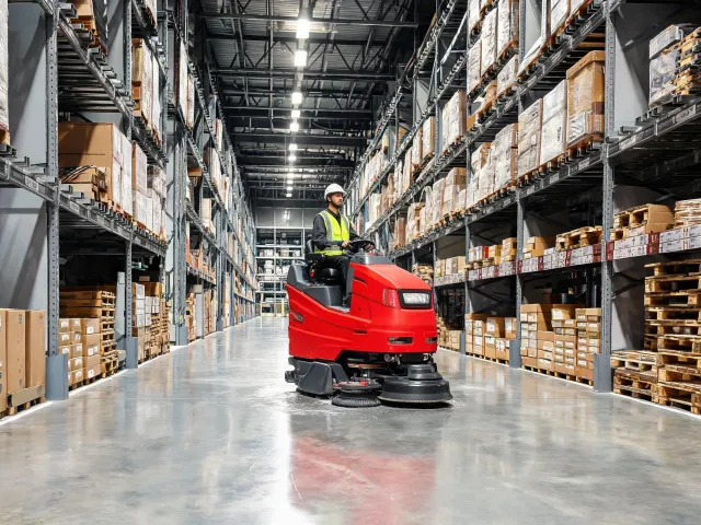 Ride-on floor scrubber for logistics center cleaning
