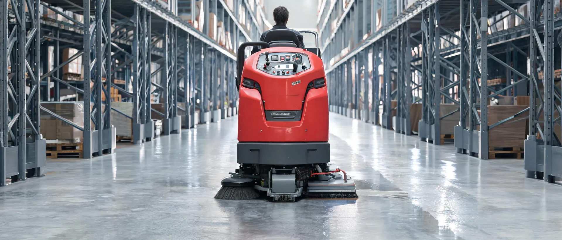 Ride-on Hako scrubber cleaning a polished logistics floor