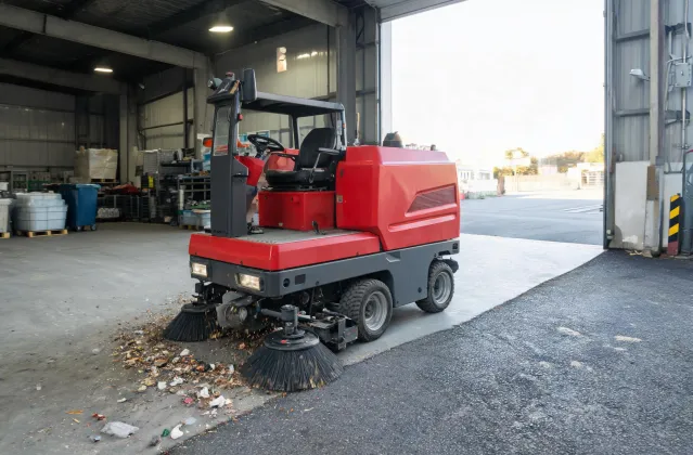 Municipal depot floor sweeper collecting debris