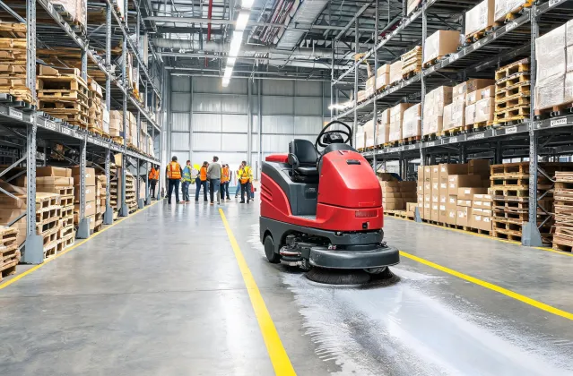 Warehouse cleaning route with ride-on scrubber