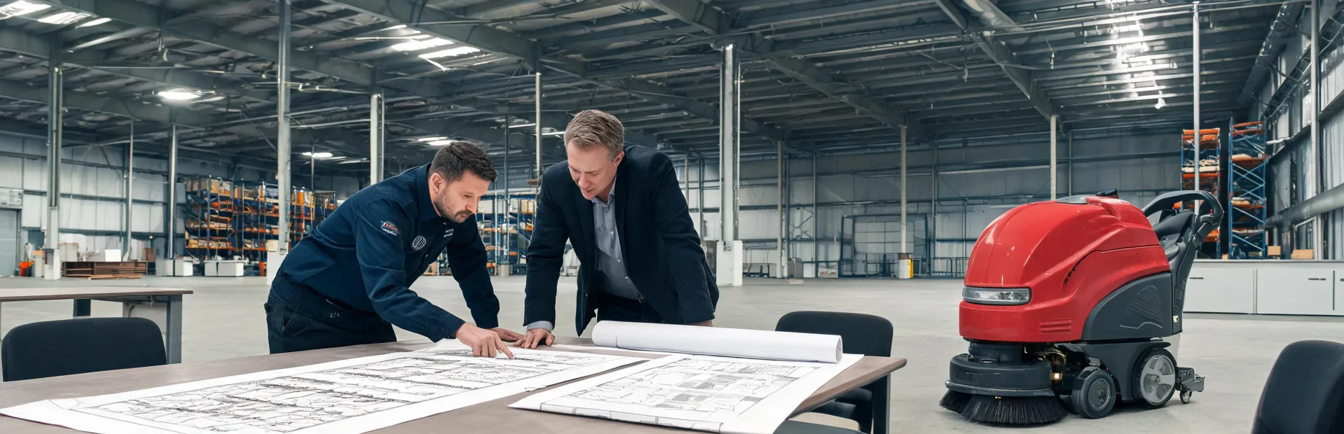 Cleaning specialist reviewing industry floor plan with client