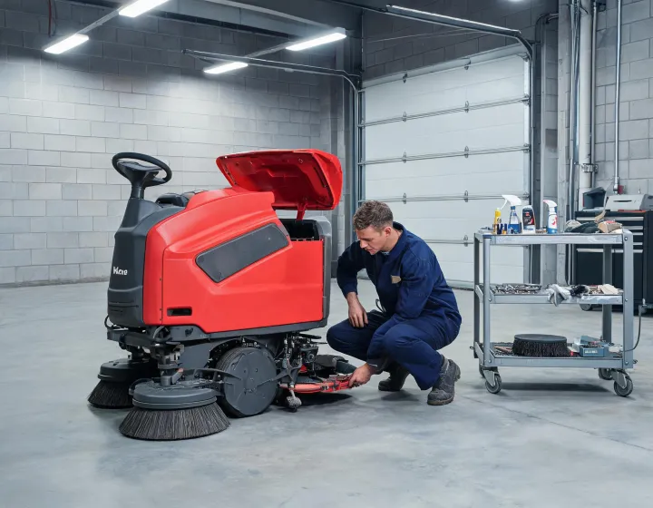 Service technician inspecting a Hako scrubber